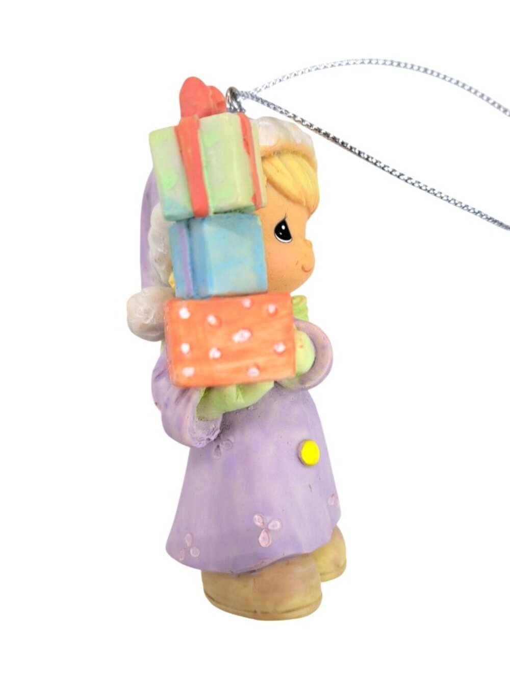 Vintage Precious Moments Christmas Ornament Girl Holding Gift Purple Coat Blonde - Picture 4 of 8